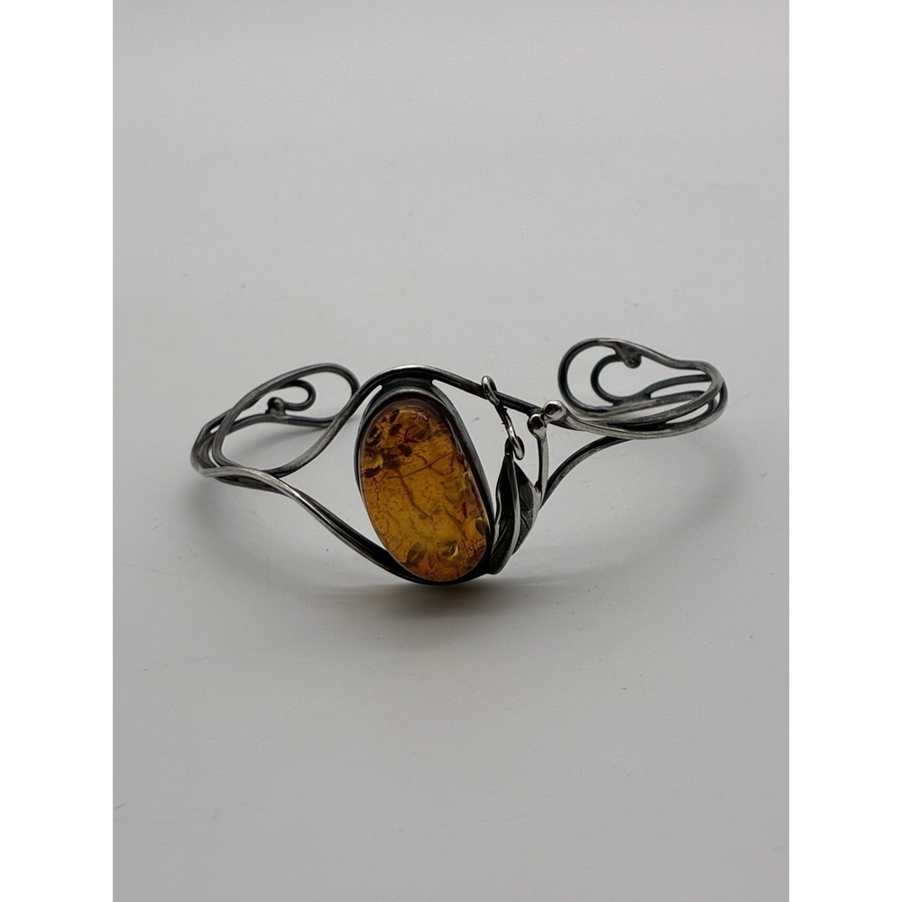 Vintage Sterling Silver Baltic Amber Hinged Bangle Bracelet 6" Diameter 20 Grams